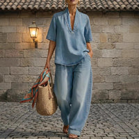 Retro V-neck Denim Set Womens Loose Half-sleeve Top And Wide-leg Pants Two-piece Set