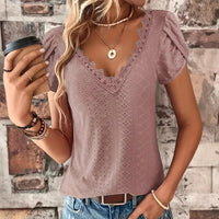 Women's Eyelet Lace Trim V-neck Shirt
