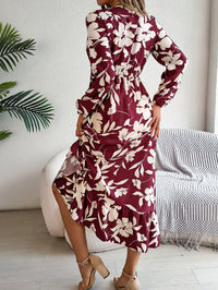 Women's Casual Floral Print Tie Waist Long Sleeve Ruffle Dress
