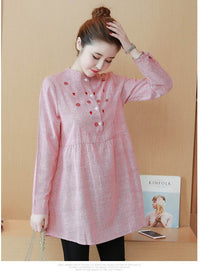 Maternity Dress Stand-up Collar Striped Embroidery Maternity Top