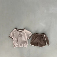 Korean Style Double Row English Pattern Solid Color Suit Short Sleeve Shorts Round Neck 2-piece Set