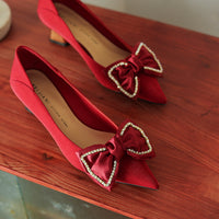 Women's Pointed Toe Chunky Heel Shoes With Rhinestone Bow High Heels