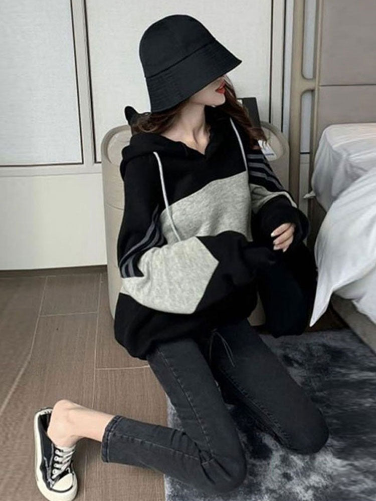 Korean Style Stitching Hooded Loose Pullover Top