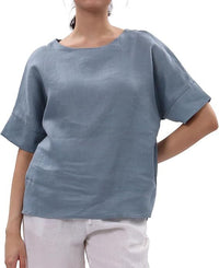 Linen Top Crew-neck Short-sleeve Shirt
