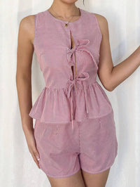 Womens Fashion Striped Short-Sleeve Bow-Knot Shorts Set