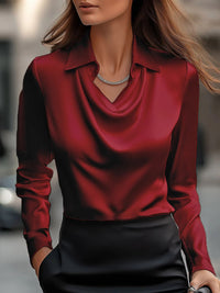 Spring And Autumn Temperament Long Sleeve Satin Swing Collar Top Shirt For Women