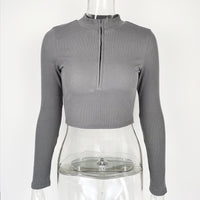 Women's Casual Solid Color Zipper Crop Slim Fit Top