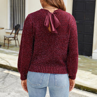 Women's Shining Silk Puff Sleeve Back Lace-up Long Sleeve Knitted Sweater