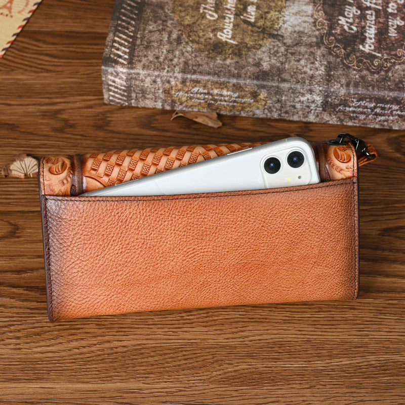 Chinese Style Embossed Wallet Top Layer Long Cowhide Fashion