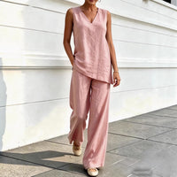 Womens V-neck Sleeveless Cotton-Linen Top And Wide-Leg Pants Set