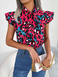 Women's Casual Leopard Print Ruffle Trim Tie Chiffon Blouse Top