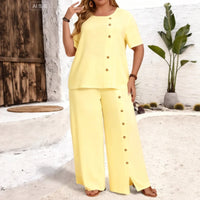Solid-color Button-up Casual Loose-fit Set