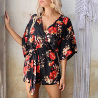 Printed Sleeve V-neck Loose Casual Lace-up Jumpsuit