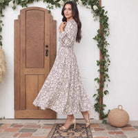 Elegant Printed V-Neck Long-Sleeve Womens Dress