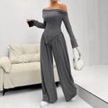 Solid-color Elegant Off-shoulder Sleeveless Shirt And Wide-leg Pants Set For Women