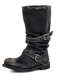 Chunky-heeled Vintage Distressed Mid-calf Boots Womens