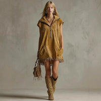 Casual Western-style Zippered Collar Tasseled Suede Dress