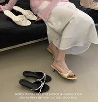 Women's Elegant Low Heel Sandals With Rhinestone & Pearl Bow, Round Toe, Simple Satin, Perfect For Dresses