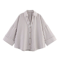 Women's Fashionable Slim-Fit Linen Multi-Color Striped Long-Sleeve Shirt