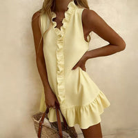 Womens Casual Cotton-Linen Solid-Color Dress With Ruffle Hem