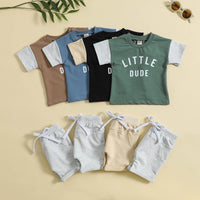 Children's Round Neck Letter Print Top Solid Color Shorts Two-piece Set