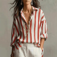 Striped Lapel Collar Loose-Fit Stylish Pullover Womens Blouse