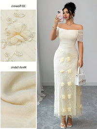 A New Elegant And Three-dimensional Floral Fabric Spliced Off-the-shoulder, Figure-hugging Mesh Mid-length Dress For Women In Summer