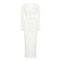 Lace Mesh Long Sleeve Narrow Casual Knitted Maxi Dress Suit