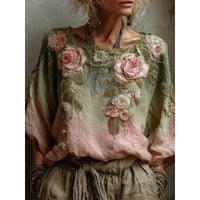 Womens 3D-printed Crew-neck Long-sleeve Retro Bohemian Top