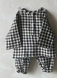 Lace Lapel Plaid Long-sleeved Shirt With Pants