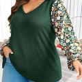 V-collar Contrast Color Slim Fit Patchwork Plus Size T-shirt For Women