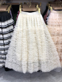 New Colorful Sweet Age-reducing Pleated Solid-color Mesh Midi Puff Skirt