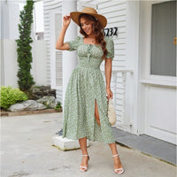 French-style Floral Print Womens Waist-Cinching Figure-Flattering Square-Neck Puff-Sleeve Midi Dress