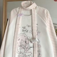 Sweet Girl Kitten  Striped Round Neck Fleece-lined Sweater