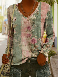 Fashionable Ethnic-Style Printed V-Neck Long-Sleeve T-Shirt