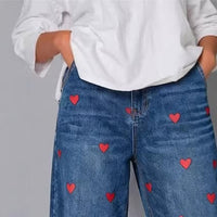 Women's Washed Denim Jeans With Heart Print