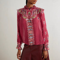 Retro-printed Chiffon Long-sleeve Shirt And Ruffled Maxi Skirt Two-piece Set