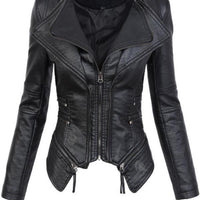 PU Leather Zippered Patchwork Jacket Coats
