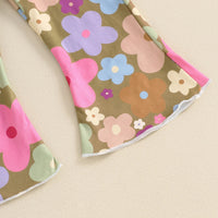 Girls Letter Flower Print Short Sleeve Flared Pants Suit
