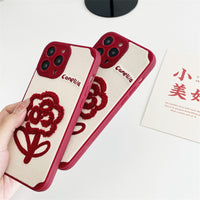 Vintage Wine Red Embroidered Camellia Flower Plush Mobile Phone Case