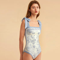 Vintage French Double Sided Print Slim One-Piece Swimsuit