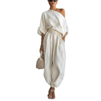 Womens Solid-Color Elegant Off-Shoulder Top And Pants Loose Two-Piece Set