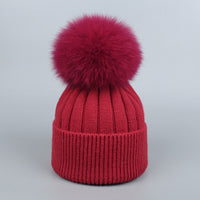 Fox Fur Warm Winter Hat With Ball For Women Child Girl Wool Thick Knitted