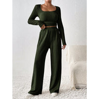 European And American-style Knitted Ribbed Wide-leg Pants Set For Women