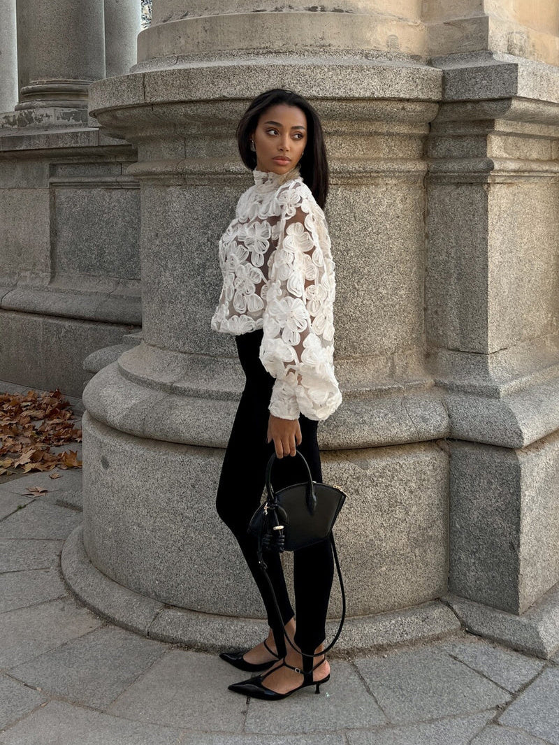 White Floral Pearl Textured Shirt