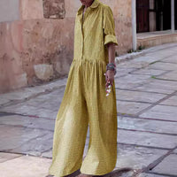 Fashion Printed Plaid Blouse Collar Long Sleeve Jumpsuit