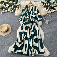 Lantern-sleeve Tie-Dye Printed Dress Womens SpringSummer High-End Defined-Waist Flared Maxi Dress