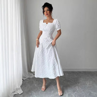 Elegant Jacquard Solid Color Puff Sleeve Square Neck Dress For Women