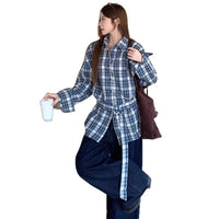 Womens Blue Plaid Shirt With Tie Waist For A Slimming Look