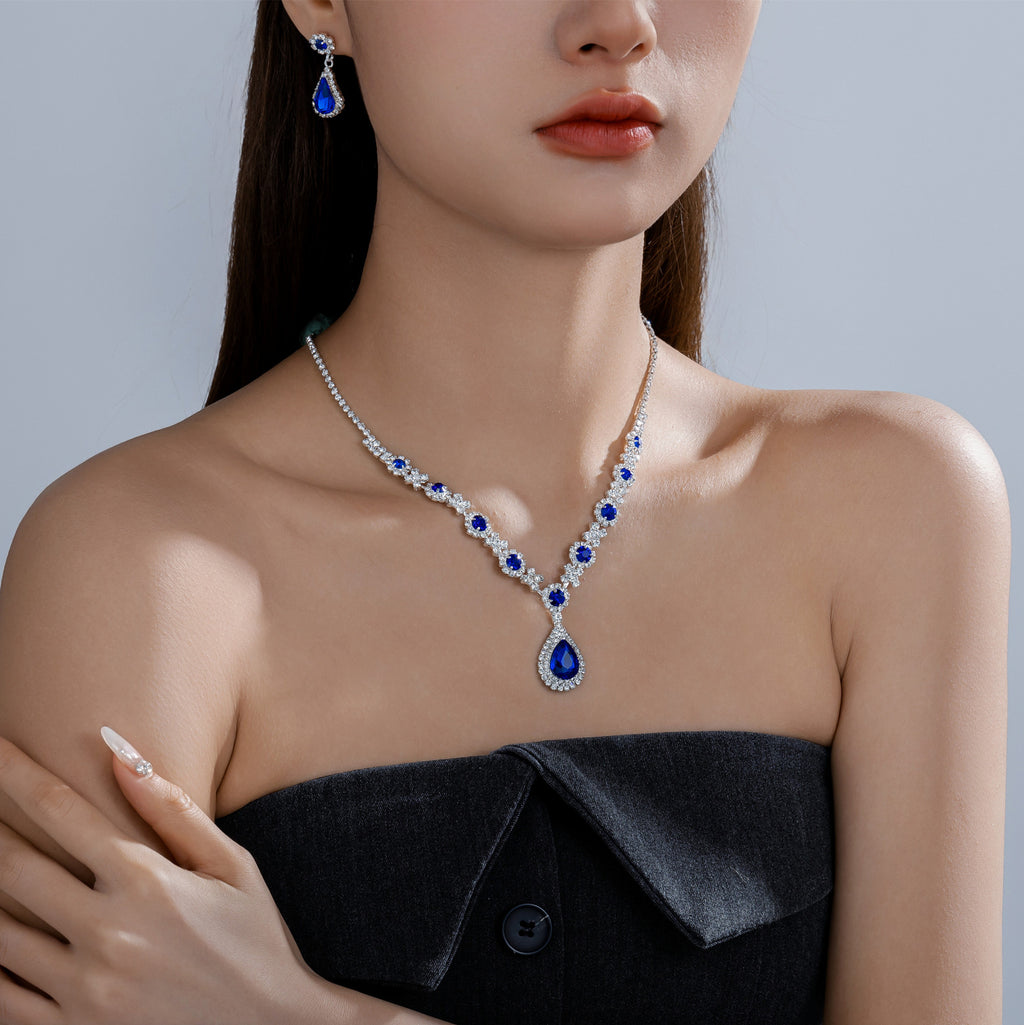 Light Luxury Blue Crystal Full Diamond Water Drop Necklace Earrings